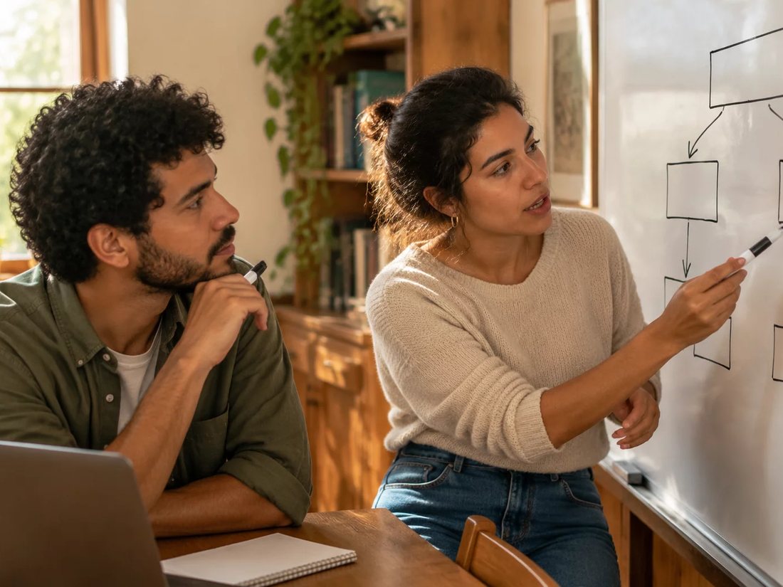 Duas pessoas diante do quadro branco com a armação de um argumento rabiscada
